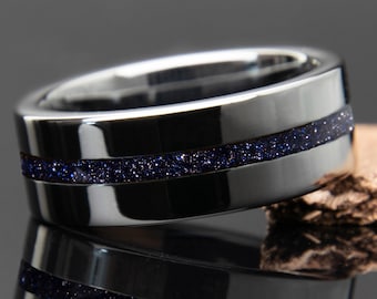 Blue Sandstone Center Line Ring | Blue Goldstone Ring | Sandstone Wedding Band | Black Ceramic | Engagement | Promise Ring | Anniversary |