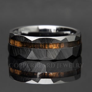 Ebony Wood Hammered Black Ceramic Ring | Faceted | Mens Engagement Ring | Men Wedding Band | Natural Wood | Anniversary Father Day Gift