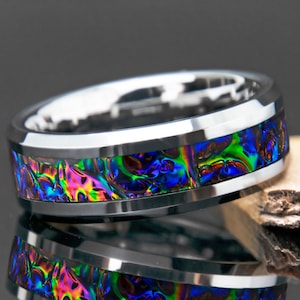 Dichrolam Tungsten Ring | Fire Burl | Dichroic Wedding Band | Unique Gift | Colorful Promise Ring | 8mm 4mm Comfort Fit | Mens Womens