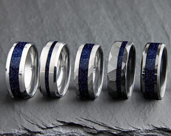 Blue Sandstone Rings | Multiple Styles | Goldstone Wedding Band | Blue Goldstone Bands | Starry Ring | Men, Women, Gift, Anniversary