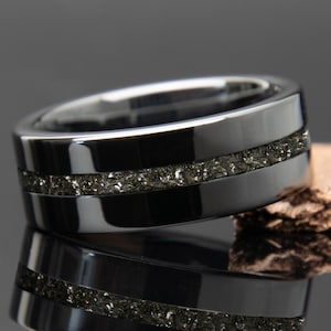Black Meteorite Ring Center Line | Meteorite Ring | Meteorite Wedding Band | Black Ceramic | Space | Engagement | Promise Ring | Anniversary