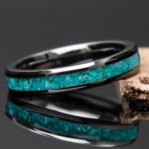Turquoise Womens Black Ceramic Ring | Turquoise Wedding Band | Promise Ring | Gift for Her | Anniversary | Engagement | Women&#39;s Thin Ring