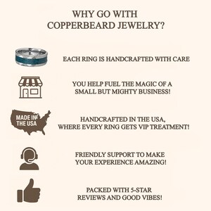 The image is a promotional graphic for copperbeard jewelry, highlighting its handmade nature, the magic of a small business, and the VIP treatment it provides.