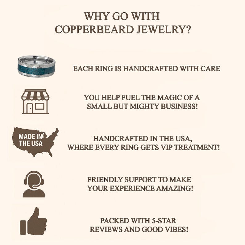 The image is a promotional graphic for copperbeard jewelry, highlighting its handmade nature, the magic of a small business, and the VIP treatment it provides.
