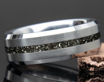 Tungsten Meteorite Ring Thin Channel | Muonionalusta Meteorite | Tungsten | Engagement Ring Him | Men Meteorite Wedding Band | Promise Ring