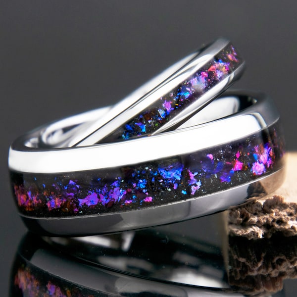 Conjunto de anillos de galaxia de tungsteno para él y para ella / Anillos a juego / Conjunto de bandas de bodas Galaxy / Conjuntos de anillos de boda para él y para ella / Anillos de parejas de nebulosa