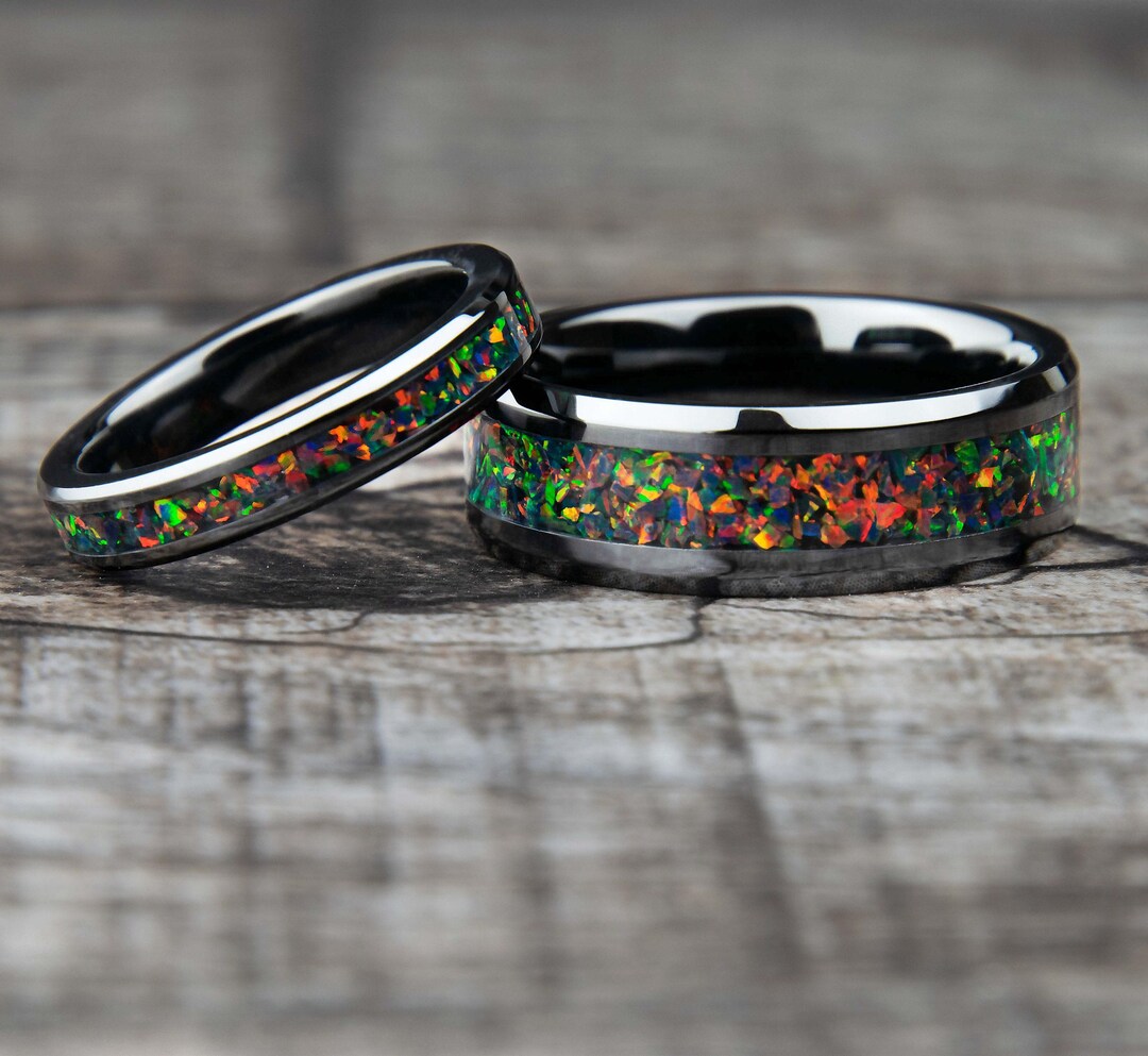 Matching Opsite Rings His and Hers Opal Wedding Ring Set | Black Fire Opal Rings | Matching ...