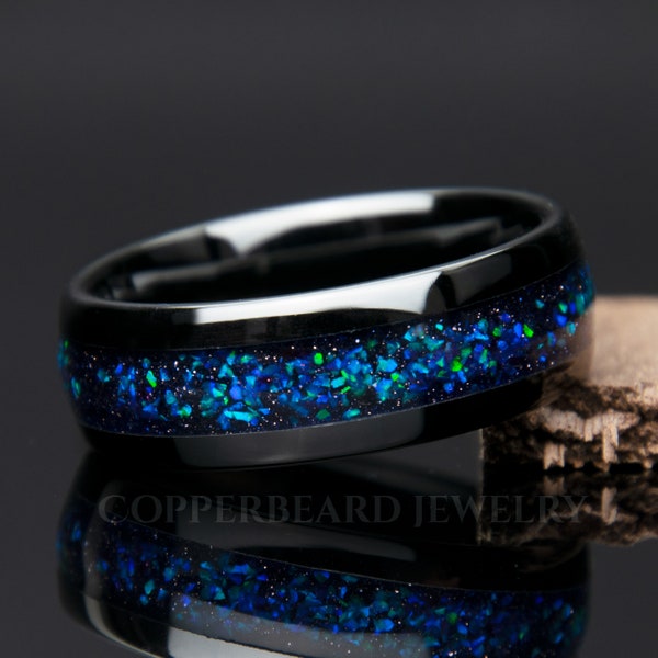 Galaxy Opal Ring | Nebula Wedding Band Black | Blue Sandstone | Black Ceramic | Cosmos Wedding Band | Comfort Fit | Engagement | Anniversary