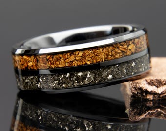 Anillo de meteorito con hueso de dinosaurio de cerámica negra / Alianza de bodas para hombres / Hueso de dinosaurio auténtico / Banda de meteorito / Anillo de promesa / Anillo de compromiso para hombres