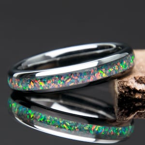Grey/Blue Opal Tungsten Ring | Opal Wedding Band | Lab Grown Opal | Thin Dainty Ring | Promise Ring | Women&#39;s Wedding Band | Anniversary |