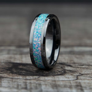 Sky Blue Opal Ring: Black Ceramic Comfort Fit Band