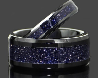 His and Hers Blue Goldstone Wedding Ring Set | Black Wedding Band | Blue Sandstone | Matching Couples Rings | Wedding Ring Sets His And Hers