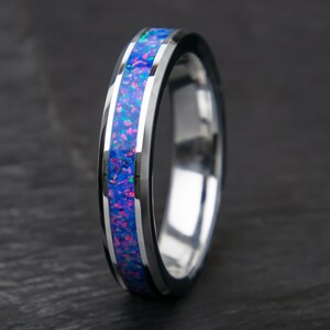 Blue Pink Sparkles Opal Tungsten Ring - 4mm Women&#39;s Wedding Band