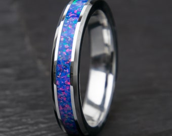 Anillo de tungsteno de ópalo con destellos rosas azules / Alianza de bodas para mujeres / Anillo de promesa de ópalo / Regalo para ella / Aniversario / Compromiso / Delgado de mujer de 4 mm