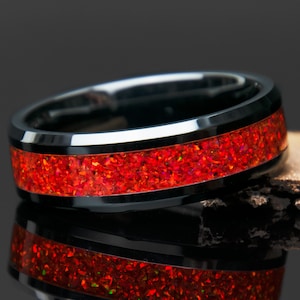 Ruby Red Opal Black Ceramic Ring | Opal Wedding Band | Lab Grown Opal | Promise Ring | Opal Gift for Her | Red Opal Ring | Engagement
