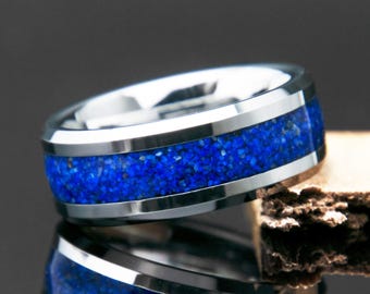 Natural Lapis Lazuli Tungsten Ring: Handmade Wedding Band