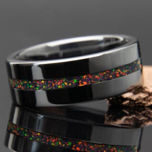 Black Fire Opal Center Line Ring | Black Opal Ring | Fire Opal Wedding Band | Black Ceramic | Engagement | Promise Ring | Lab Grown | 8mm