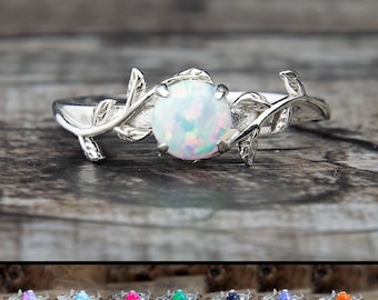 Silver Leaf Branch Opal Ring | Multiple Color Options | Fire Opal | Sterling Silver | Opal Engagement Ring | Nature Wedding Ring | Twig Ring