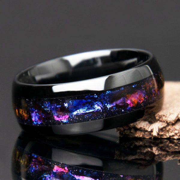 Black Galaxy Ring | Cosmos Inspired Ring | Black Ceramic Wedding Band | Blue Sandstone Ring | Promise Ring | Men Women Gift