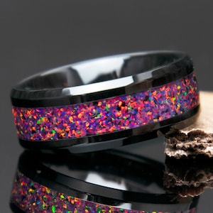 Purple Opal Black Ceramic Ring | Opal Wedding Band | Opal Jewelry | Opal Gift | Opal Eternity Inlay Ring | Opal Promise Ring | Witchy Colors