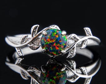 Schwarz Feuer Opal Silber Blatt Zweig Ring | Natur inspiriert | 925er Silber | Opal Verlobung Ehering für Sie | Opal Zweig Ring