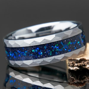 Galaxy Opal Ring | Nebula Wedding Band | Blue Sandstone | Faceted Tungsten | Cosmos Wedding Band | Men Engagement Ring | Anniversary