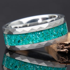 Tungsten Hammered Turquoise Ring | Mens Wedding Band | Turquoise Engagement Ring | Comfort Fit | Gift For Him | Faceted | Natural Turquoise