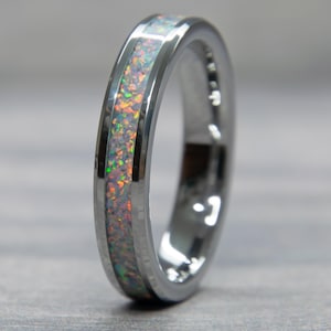 Pastel Purple Opal Ring | Women&#39;s Opal Wedding Band | Tungsten Band | Opal Promise Ring | Opal Gift for Her | Sparkling Purple Opal Jewelry