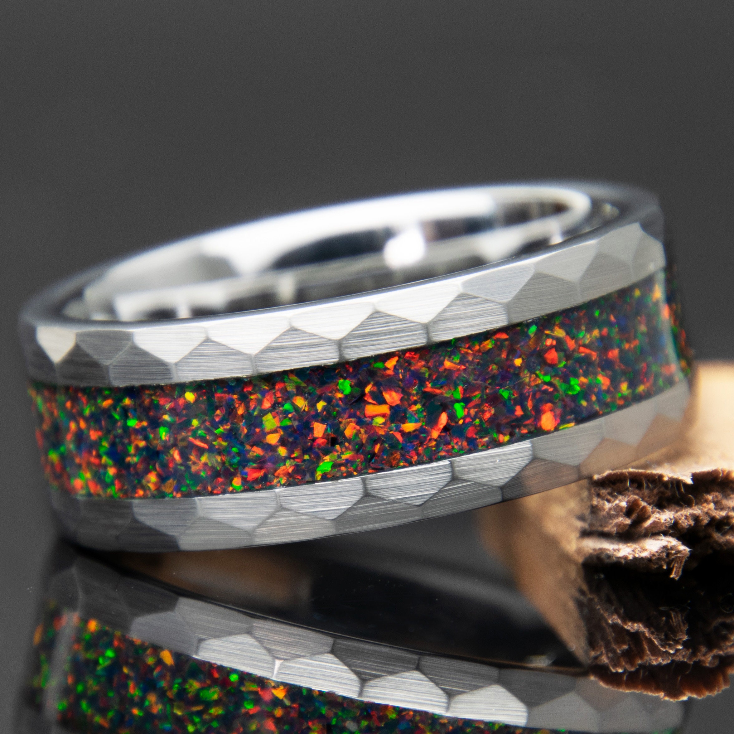Black Fire Opal Hammered Ring Men s Wedding Band Fire Opal Promise