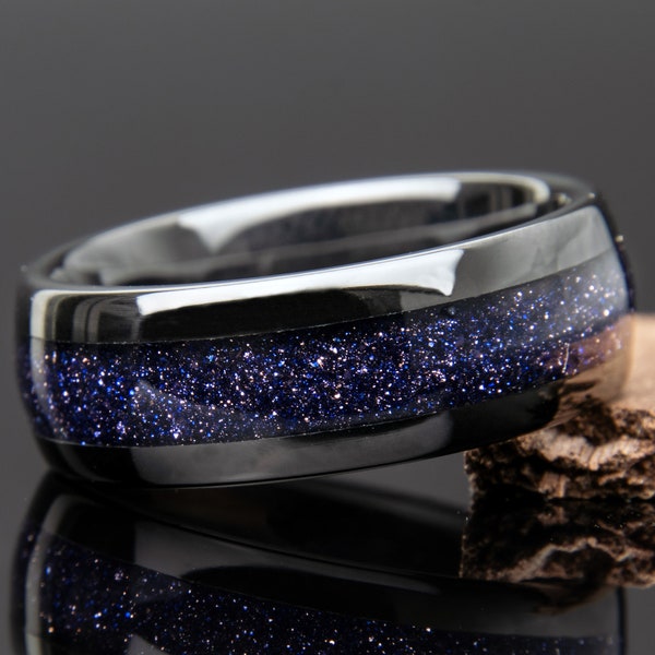 Blue Goldstone Ring | Starry Night Ring | Black Ceramic | Blue Sandstone Ring | Night Sky Ring | Promise Ring | Men's Wedding Band