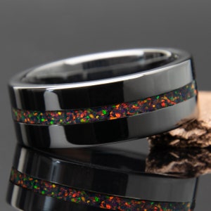 Black Fire Opal Center Line Ring | Black Opal Ring | Fire Opal Wedding Band | Black Ceramic | Engagement | Promise Ring | Lab Grown | 8mm