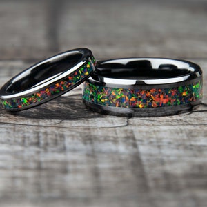 His and Hers Opal Wedding Ring Set | Black Fire Opal Rings | Matching Couples Rings | Wedding Ring Sets His And Hers | Promise Rings Couples
