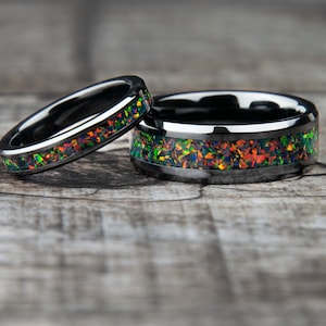 His and Hers Opal Wedding Ring Set Black Fire Opal Rings Matching