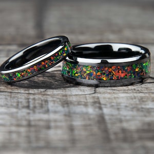 His and Hers Opal Wedding Ring Set | Black Fire Opal Rings | Matching Couples Rings | Wedding Ring Sets His And Hers | Promise Rings Couples