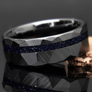Blue Goldstone Men&#39;s Wedding Band | Starry Night Ring | Black Ceramic | Blue Sandstone Ring | Faceted Hammered | Men&#39;s Engagement Ring