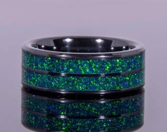 Handmade Green Opal Ring: Black Ceramic Dual Inlay Band