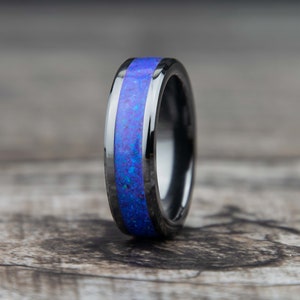 Opal Black Ceramic Ring | Blue and Purple Color | Opal Promise Ring | Lab Grown Opal | Wedding Band | Unique Color | Men&#39;s Women&#39;s Jewelry