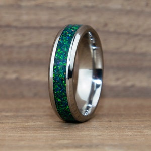 Emerald Green Opal Tungsten Ring | Opal Wedding Band | Custom Opal Jewelry | Opal Ring For Her | Promise Ring | Anniversary Gift | Comfort