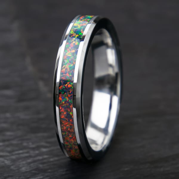 Black Fire Opal Titanium Ring | Opal Wedding Band | Opal Eternity Inlay Ring | Opal Promise Ring | Women's Men's | Lab Grown Opal | 8mm 4mm