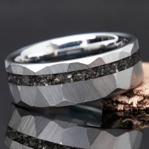 Black Diamond Tungsten Ring | Black Diamond Pieces | Men Black Diamond Ring | Faceted Hammered | Engagement | Promise Ring | Anniversary