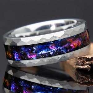 Galaxy Tungsten Faceted Ring | Nebula Wedding Band | Blue Sandstone | Hammered Tungsten | Cosmos Wedding Band | Men Engagement | Anniversary