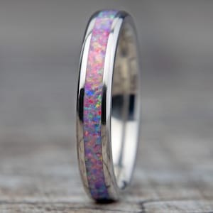 Thin Titanium Ring: Pastel Lab Grown Opal Inlay, Handmade