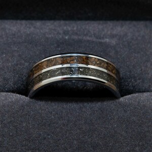 Dinosaur Bone And Meteorite Ring In Tungsten Double Channel Band - Tyrannosaurus Rex Fossil