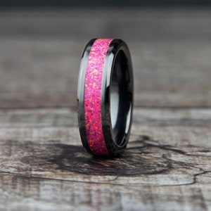 Rose Pink Opal Black Ceramic Ring | Opal promise ring | Opal Wedding band | Pink Opal Jewelry | Opal Eternity Inlay | Comfort Fit | 8mm 4mm