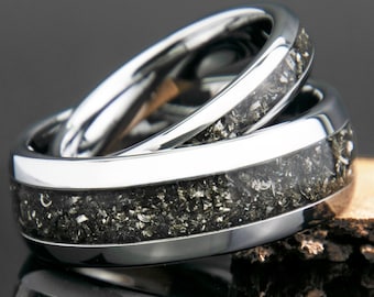 His and Hers Tungsten Meteorite Ring Set | Matching Rings | Meteorite Weddings Band Set | Wedding Ring Sets His And Hers | Couples Rings