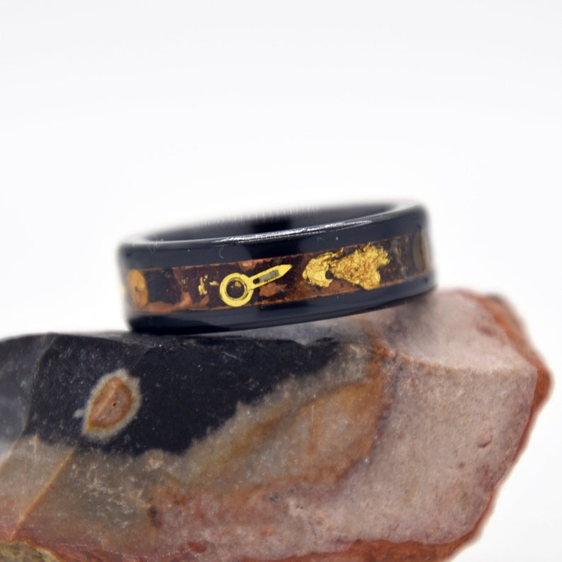 Steampunk Ring Copper Patina Ring 24KT Gold Leaf Patinated Copper And Black Ceramic Band Gears And Mechanical Parts