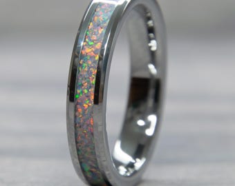 Pastel Purple Opal Tungsten Ring - Handmade Women's Wedding Band