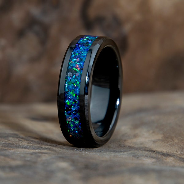 Cosmos Black Ceramic Ring | Ceramic Band | Opal Cosmic Ring | Eclectic Ring | Sci Fi Fan Gift | Space Ring | Comfort Fit | 8mm 4mm