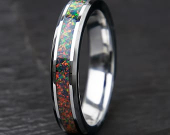 Black Fire Opal Titanium Ring | Opal Wedding Band | Opal Eternity Inlay Ring | Opal Promise Ring | Women's Men's | Lab Grown Opal | 8mm 4mm