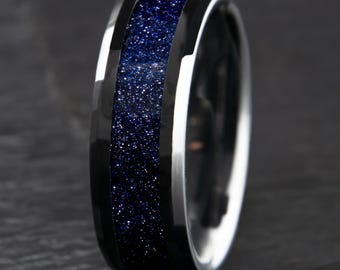Blauer Goldflussring | Sternennachtring | Schwarze Keramik | Blauer Sandsteinring | Nachthimmelring | Verlobungsring | Herren-Ehering